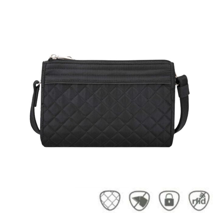 Black quilted crossbody bag. Anti-theft symbols on bottom.