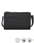 Black quilted crossbody bag. Anti-theft symbols on bottom.