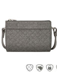 Grey quilted crossbody bag. Anti-theft symbols on bottom.