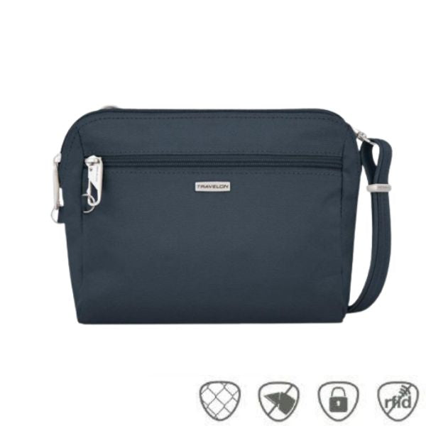 Small navy crossbody bag with silver Travelon logo in center below full length zipper.