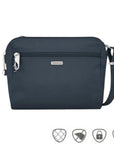 Small navy crossbody bag with silver Travelon logo in center below full length zipper.