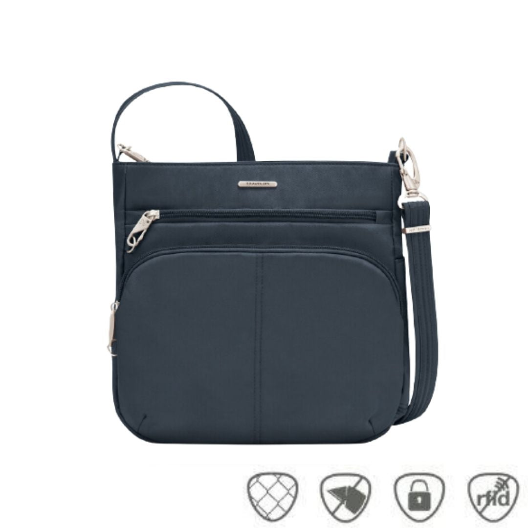 Navy crossbody bag with front pouch as well as mini slip zipper pocket