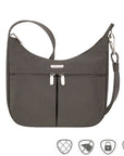 Grey hobo style bag with gather in middle and front zipper