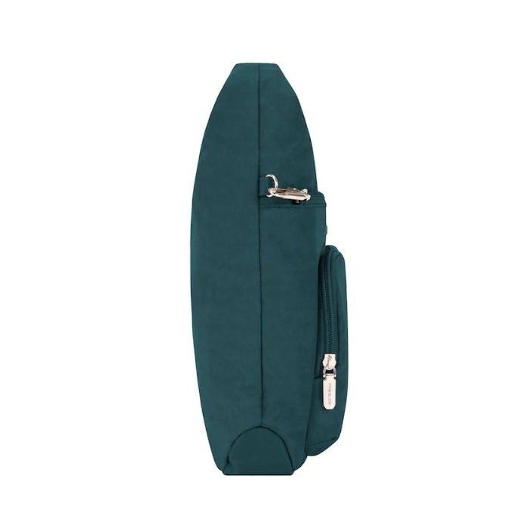 Side view of Travelon&#39;s crossbody bag in teal.