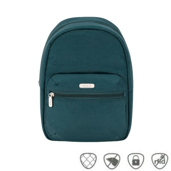 Slim teal backpack with front zippered pocket. Silver Travelon logo on front pouch.