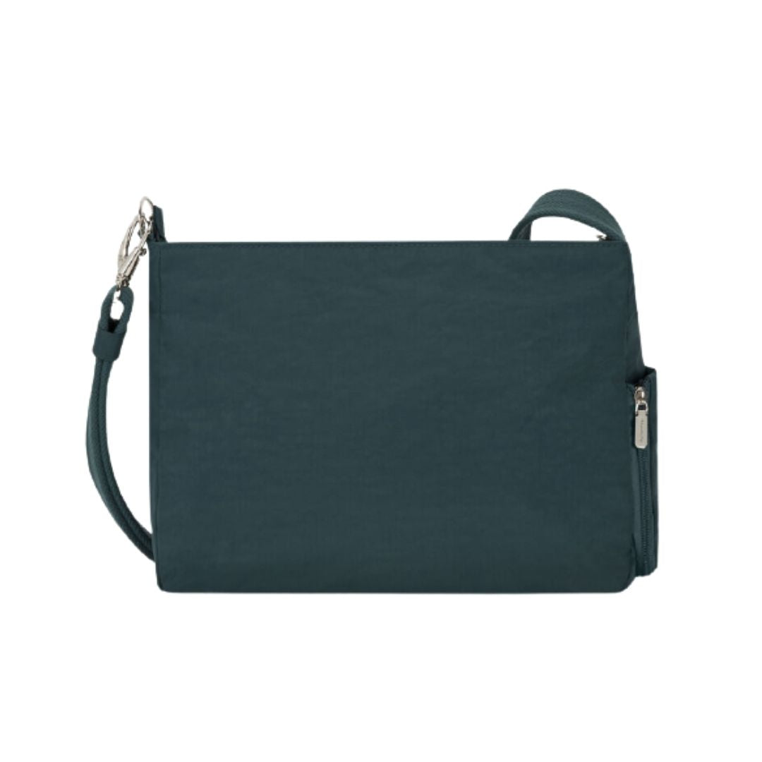 Back view of teal crossbody bag with ziper hardware