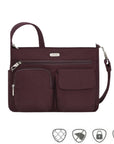 Burgundy crossbody bag with front zippered pouch, flap pocket and full length zippered pocket.