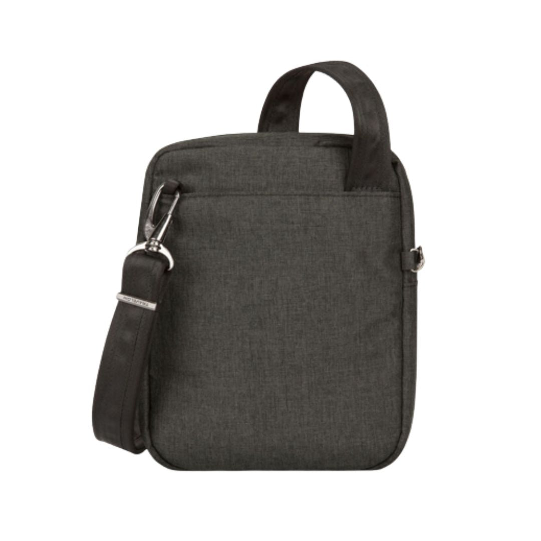 Grey crossbody bag with removable strap.