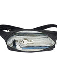 Open view of black Travelon belt bag with phone, passport and keys.