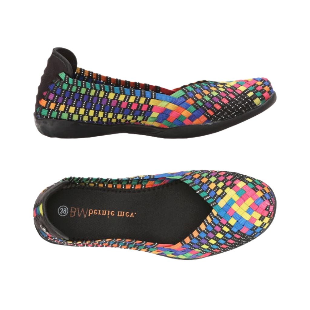 Bernie Mev Catwalk ballet flat with a rainbow woven elastic upper, black logo'd footbed and black outsole. 