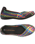 Bernie Mev Catwalk ballet flat with a rainbow woven elastic upper, black logo'd footbed and black outsole. 