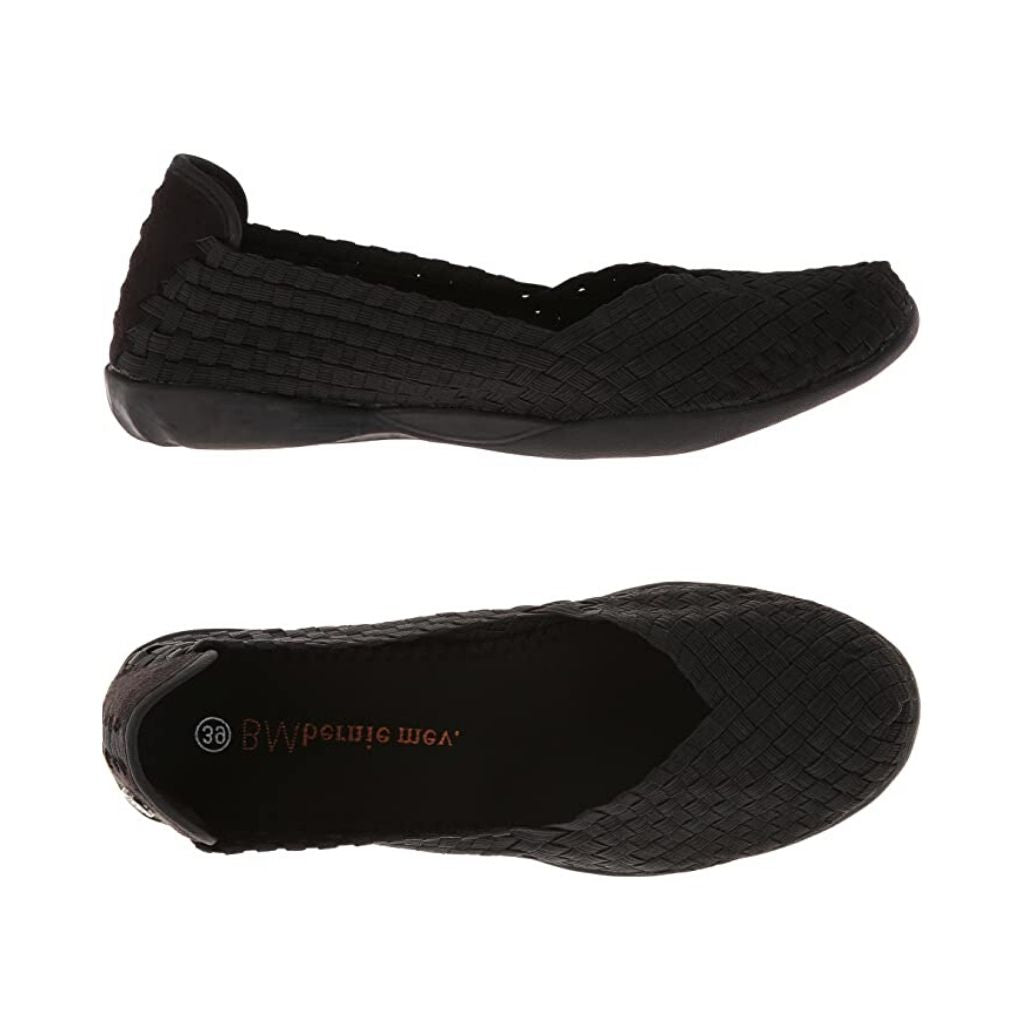 A pair of Bernie Mev black Catwalk ballet flats with a woven elastic upper , black logo&#39;d footbed and black outsole. 