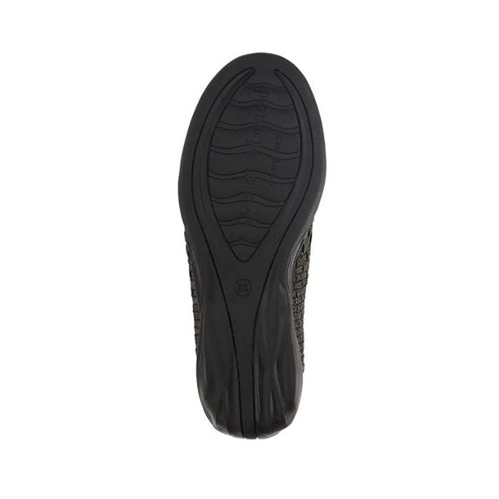 Black rubber outsole of Bernie Mev ballet flat with logo on ball of foot.