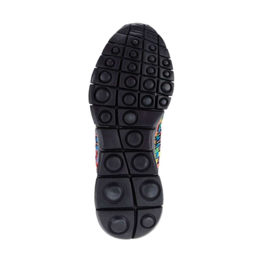 A Bernie Mev black rubber outsole with circle in square designed tred.