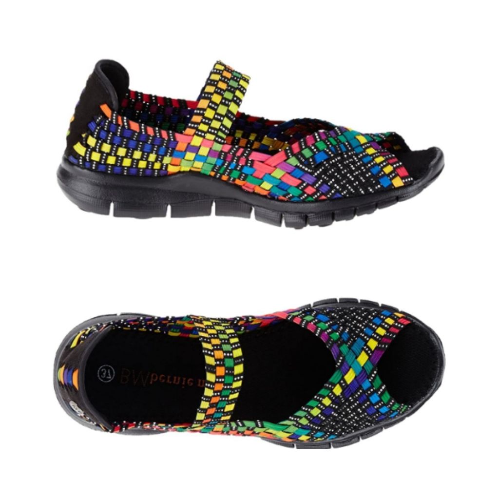 A pair of rainbow Bernie Mev sandals with woven elastic upper,  a peep toe and strap across the top of the foot with a closed in heel, black logo'd footbed and a rocker bottom black outsole.