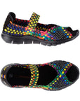 A pair of rainbow Bernie Mev sandals with woven elastic upper,  a peep toe and strap across the top of the foot with a closed in heel, black logo'd footbed and a rocker bottom black outsole.