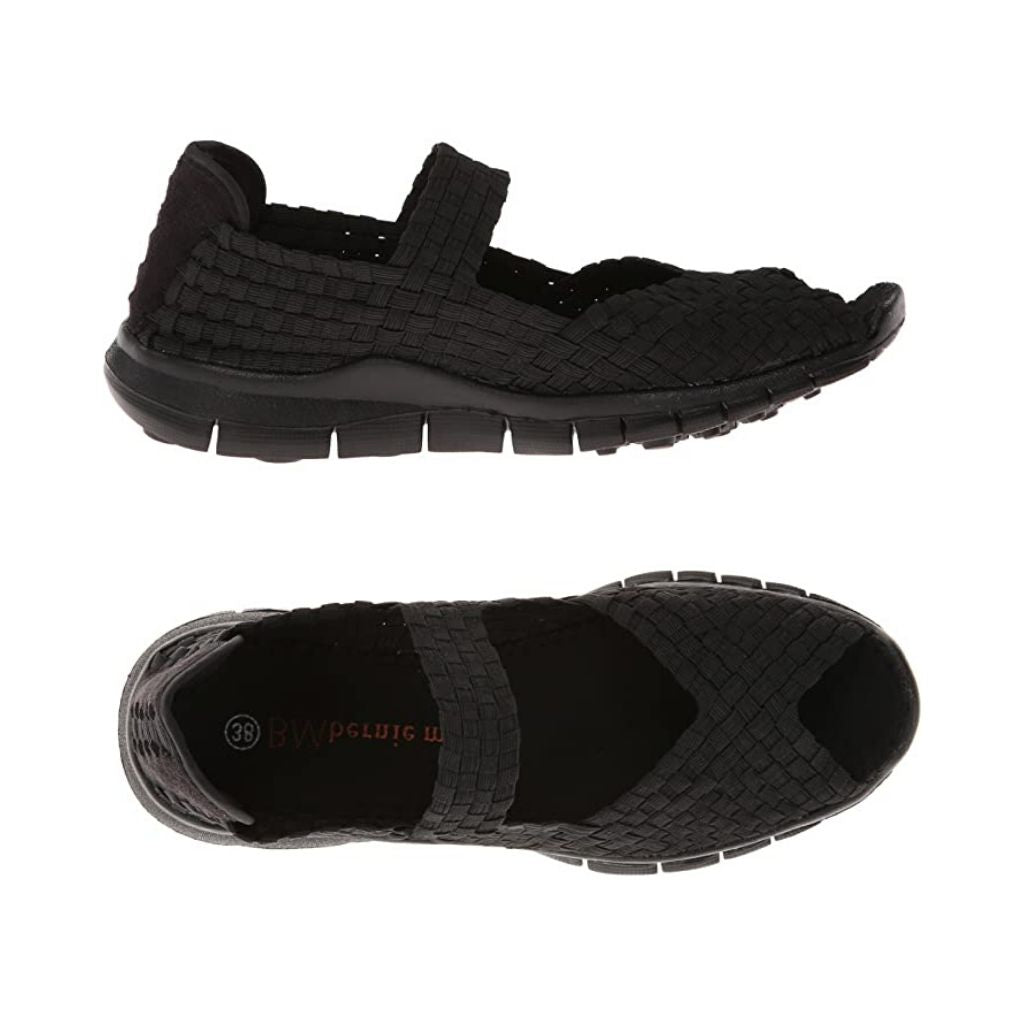 A pair of black Bernie Mev sandals with woven elastic upper,  a peep toe and strap across the top of the foot with a closed in heel, logo'd black footbed and a rocker bottom black outsole.