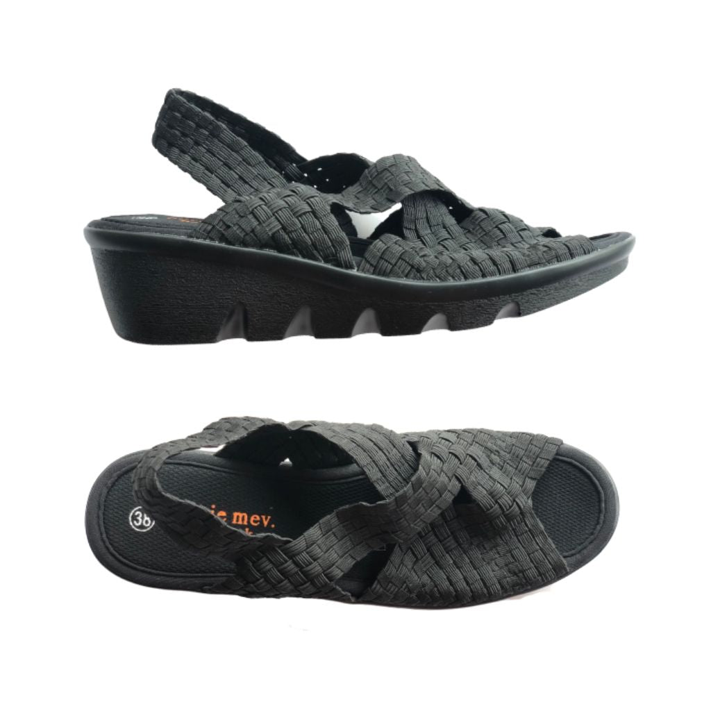 A pair of black Bernie Mev Lihi Brighten sandals with woven elastic upper, a heel strap, an open toe, logo'd black footbed and a black wedge outsole.