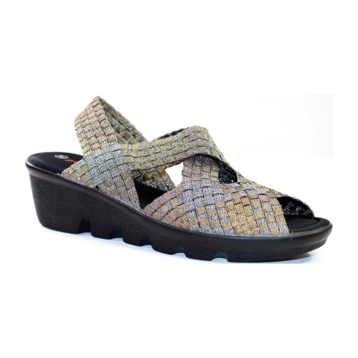 A gold and silver Bernie Mev Lihi Brighten sandal with woven elastic upper, a heel strap, an open toe and a black wedge outsole.