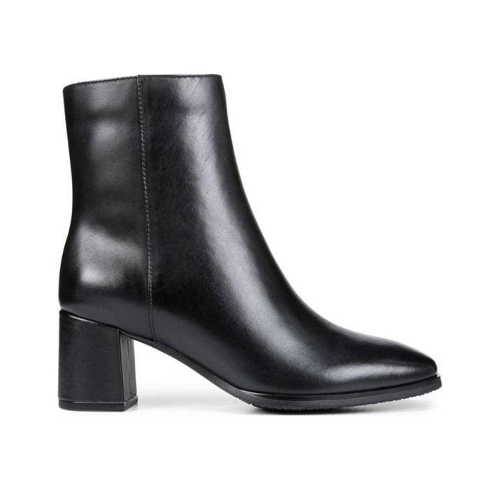 Black leather ankle boot with block heel.