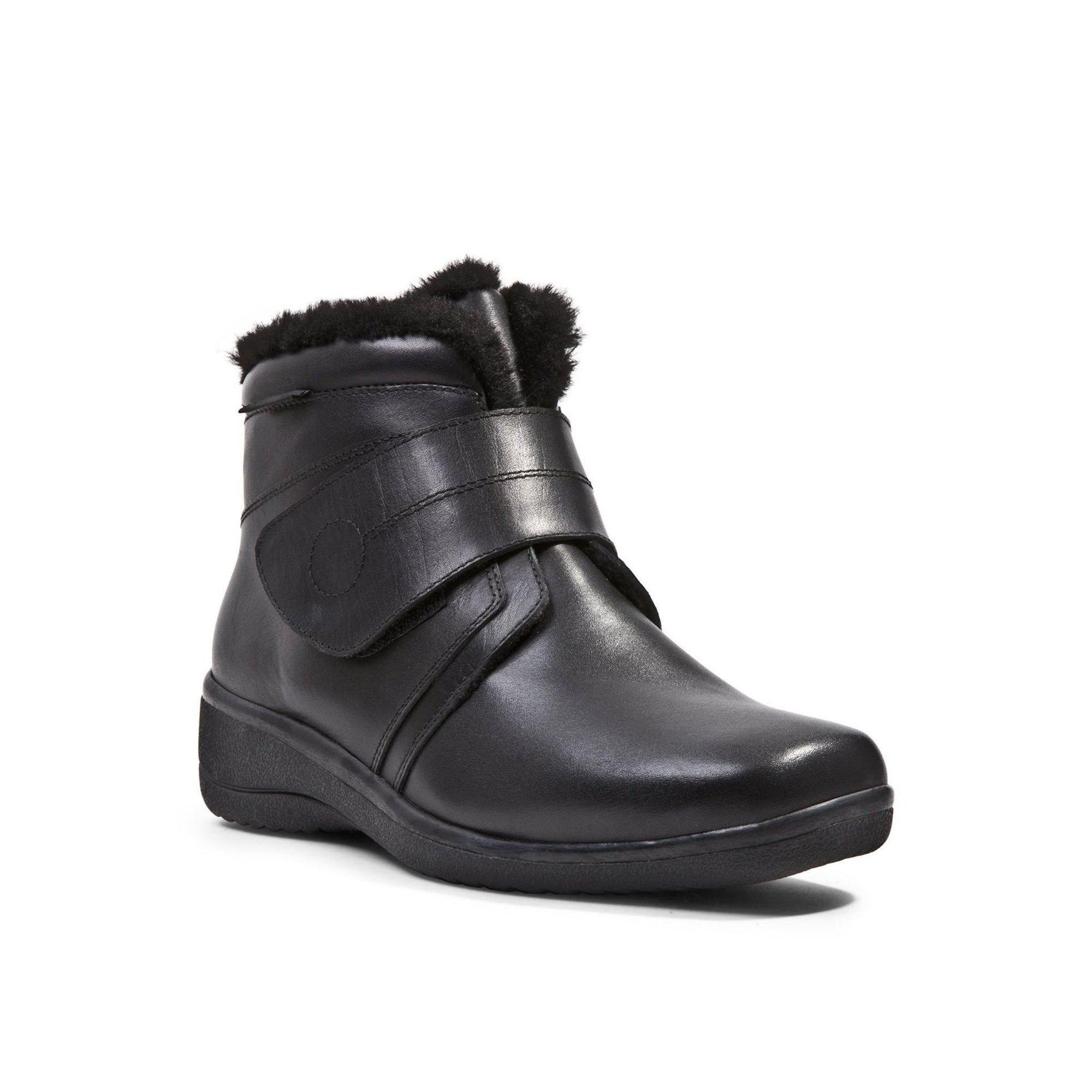 Black leather ankle boot with thick fold over Velcro strap and black faux fur trim. 