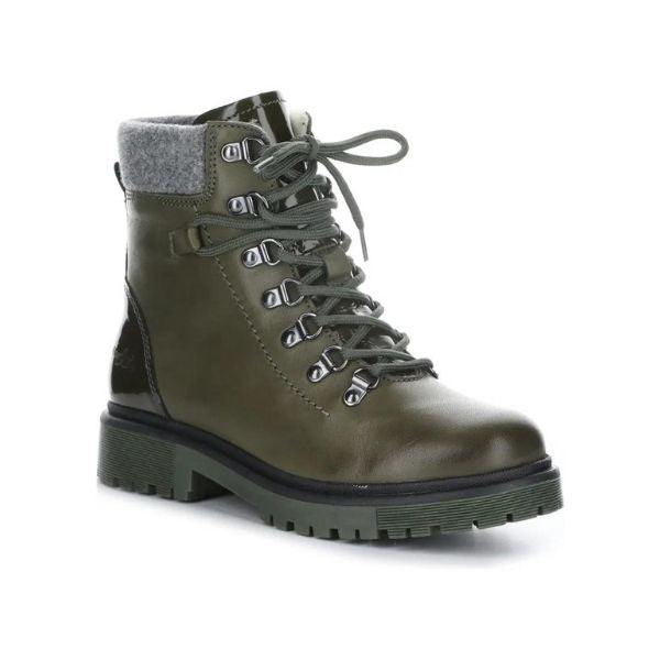 Axel ankle boot in olive. Dark green leather upper, lace closure, a grey felt cuff, and a green outsole.