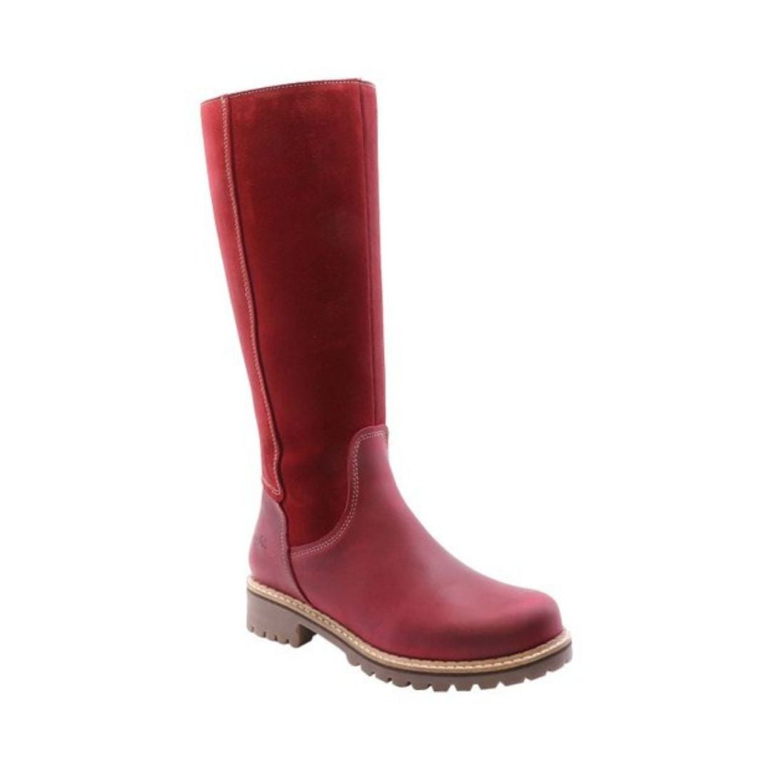 Hudson knee height boot in red. Red leather and suede upper with a brown outsole.