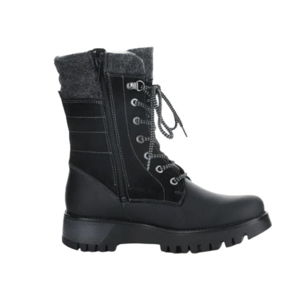 Profile view of Gala Prima boot in black. Features inside zipper. 