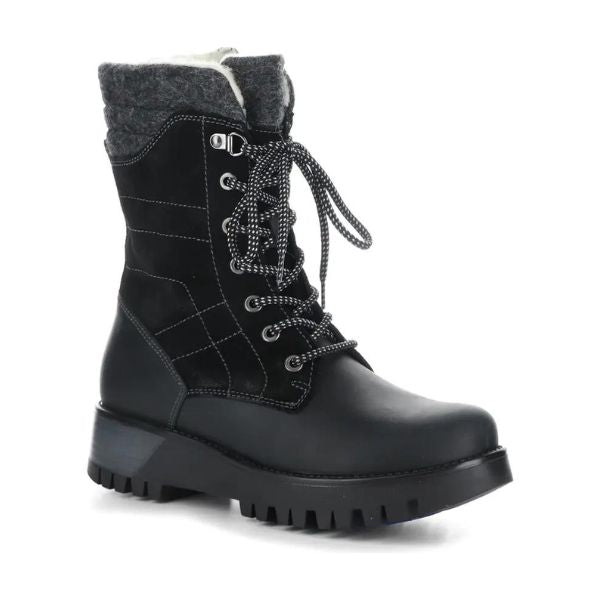 Gala Prima mid height winter boot in black. Black suede and leather upper, a grey felt cuff, lace closure, pewter eyelets, and thick black outsole. 