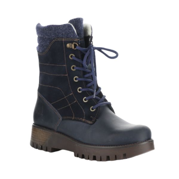 Gala Prima mid height boot in navy. Navy blue suede and leather upper with a blue felt cuff, lace closure, bronze eyelets, and a thick brown outsole. 