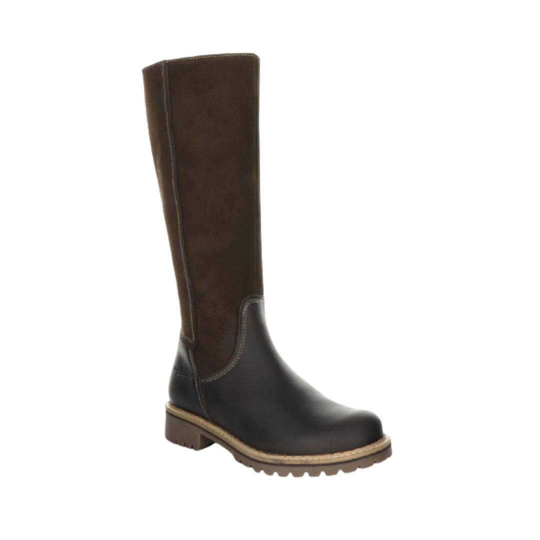 Hudson knee height boot in brown. Dark brown leather and suede upper with a brown outsole. 