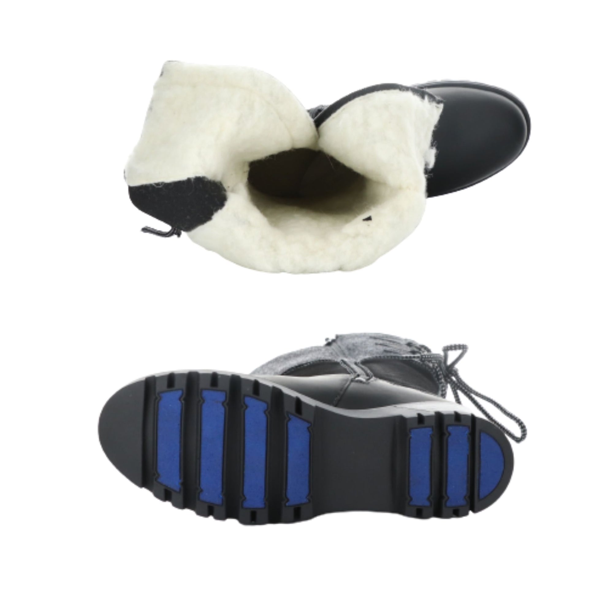 Top view of the Goose Prima boot, displaying white wool lining, and view of the black outsole with G2 Ice Grip technology. 