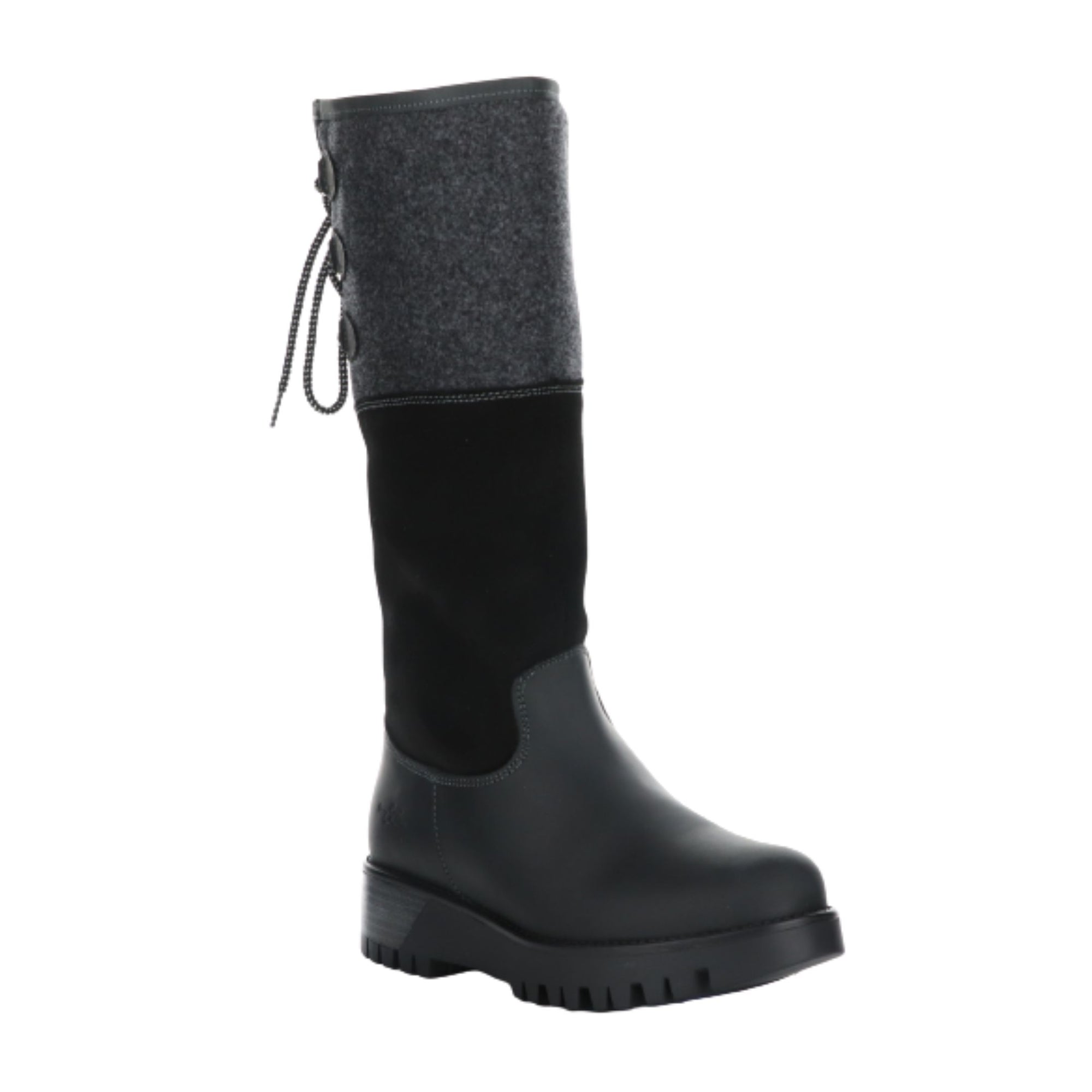 Knee height black winter boot with a leather, suede, and felt upper. Featuring adjustable lace at the back of the calf and a thick rubber outsole. 