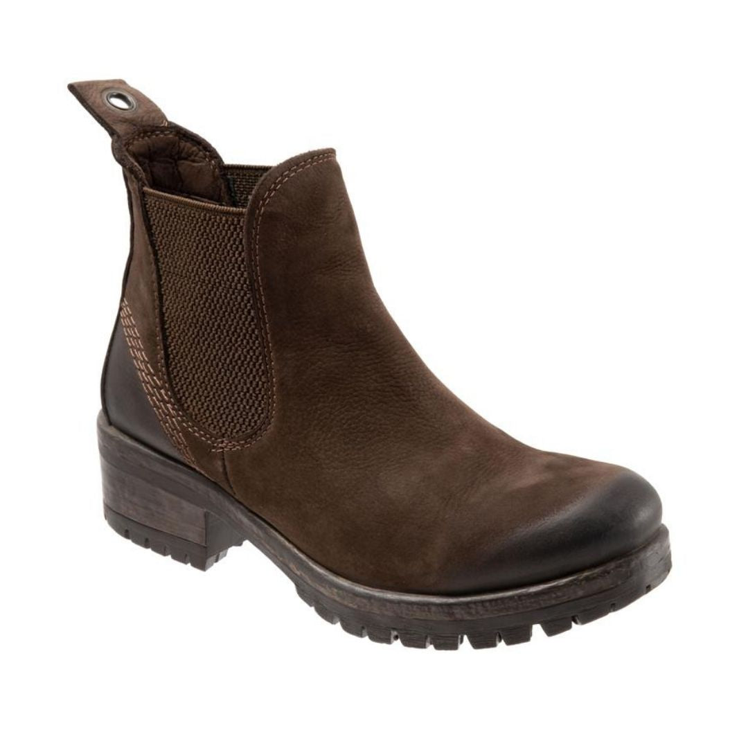 Florida Chelsea boot in brown. Dark brown nubuck upper with dark brown elastic goring, and black outsole. Outsole is rugged with 1.75 inch heel. 