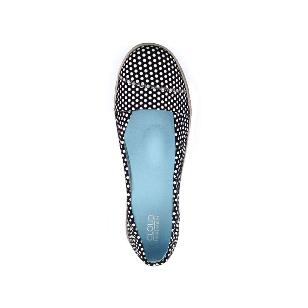 Top view of Acacia flat in polka. Insole and lining are blue leather with Cloud logo visible. 