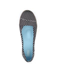 Top view of Acacia flat in polka. Insole and lining are blue leather with Cloud logo visible. 