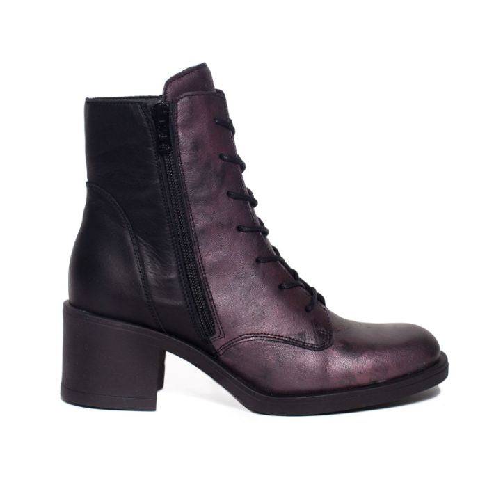 Profile view of Elise ankle boot with purple and black leather upper. 