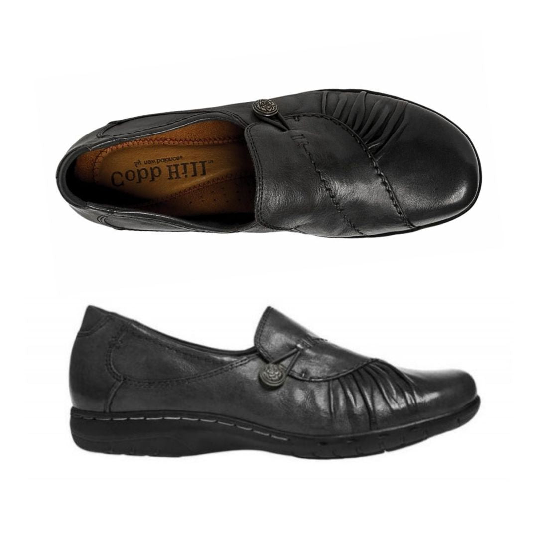 Top and profile view of Paulette loafer in black. Insole is brown, outsole is black. 