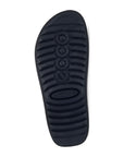 Black, grooved outsole of an Ecco Sandal.