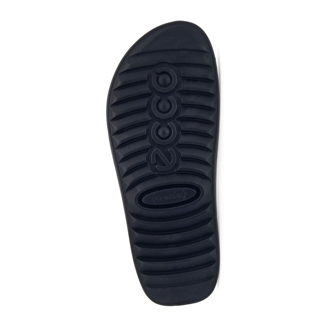 Black, grooved outsole of an Ecco Sandal.