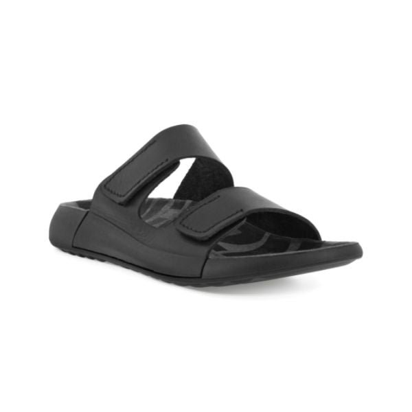 An Ecco slide sandal with two Velcro straps in black nubuck. Footbed is grey with Cozmo logo and the outsole is black. 