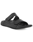 An Ecco slide sandal with two Velcro straps in black nubuck. Footbed is grey with Cozmo logo and the outsole is black. 