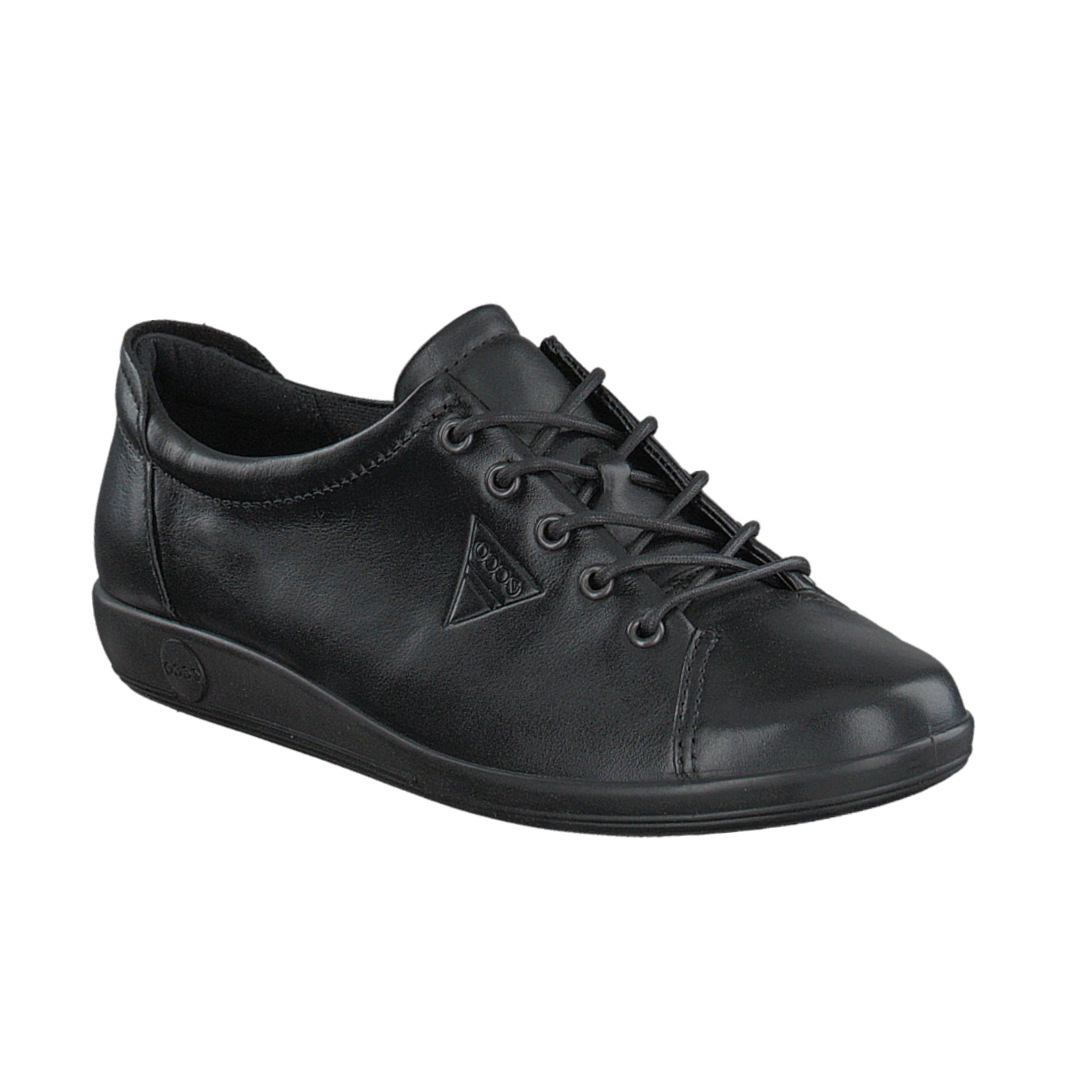 An all black leather sneaker with black eyelets, and black laces. Ecco logo is embossed on the side.