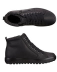 A pari of Ecco black nubuck lace-up ankle boots with pewter side zipper, black laces and black outsole. 