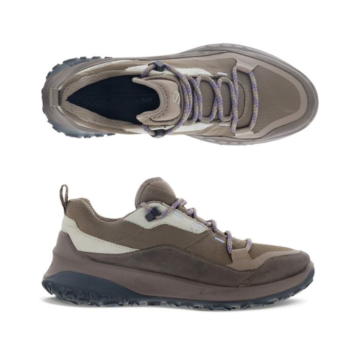 A pair of brown leather and textile lace-up sneaker with purple laces and a robust black outsole. Ecco &quot;e&quot; logo is stitched onto the tongue. 