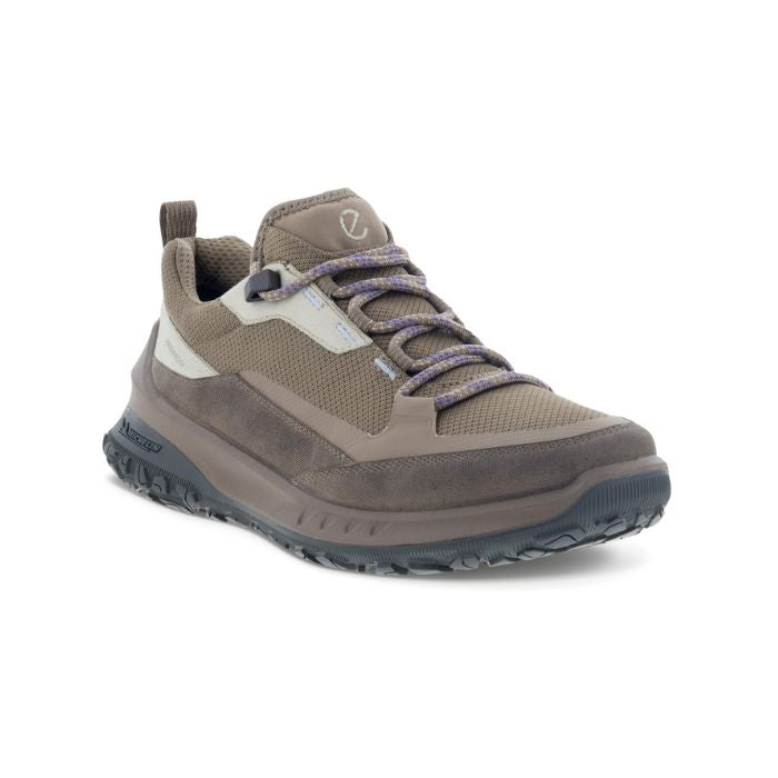 Brown leather and textile lace-up sneaker with purple laces and a robust black outsole. Ecco &quot;e&quot; logo is stitched onto the tongue. 