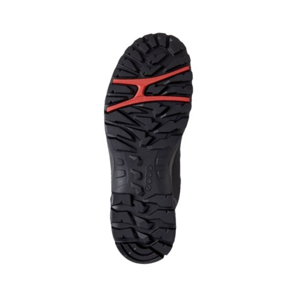 Black rubber outsole with red accents and deep tread and Ecco logo in middle. 