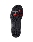 Black rubber outsole with red accents and deep tread and Ecco logo in middle. 