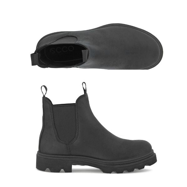 An pair of Ecco Chelsea Boots in black suede with black elastic goring and a black lugged outsole. 