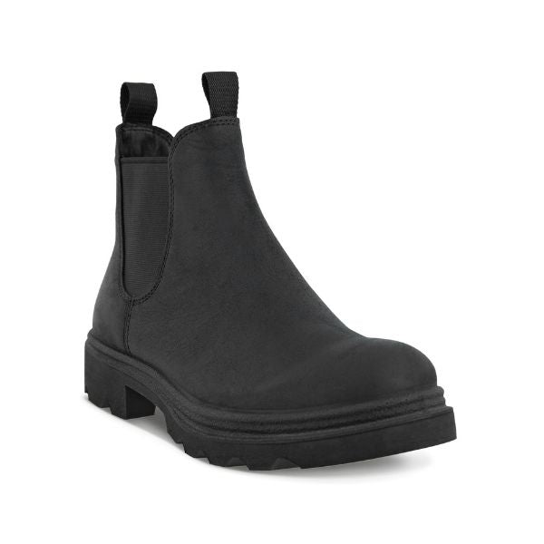 An Ecco Chelsea Boot in black suede with black elastic goring and a black lugged outsole. 